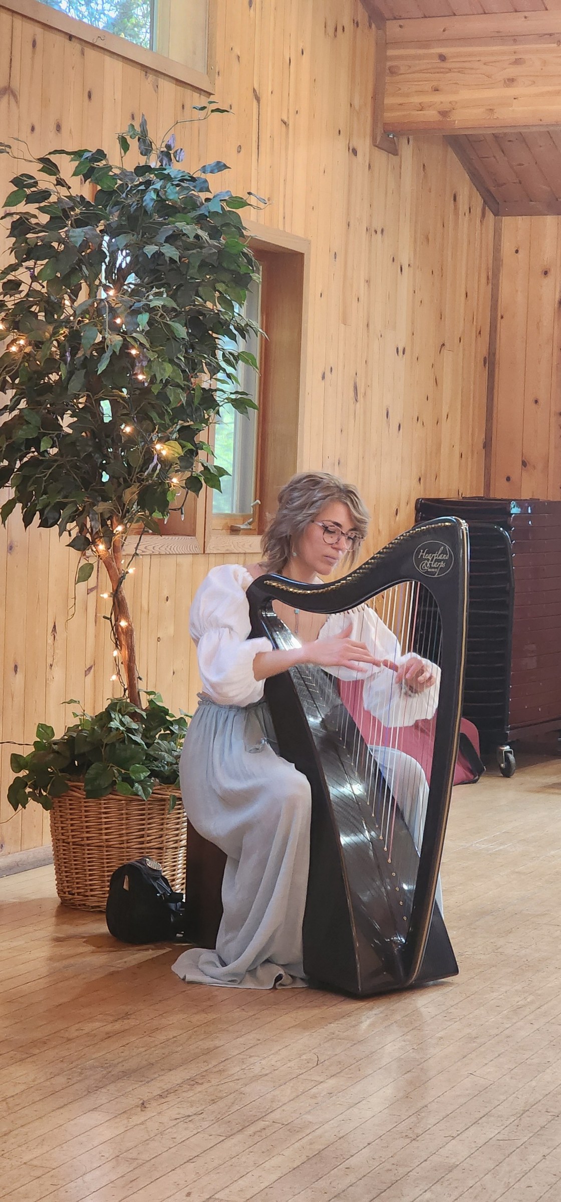 Alycen playing harp indoors in a flowing light-colored outfit