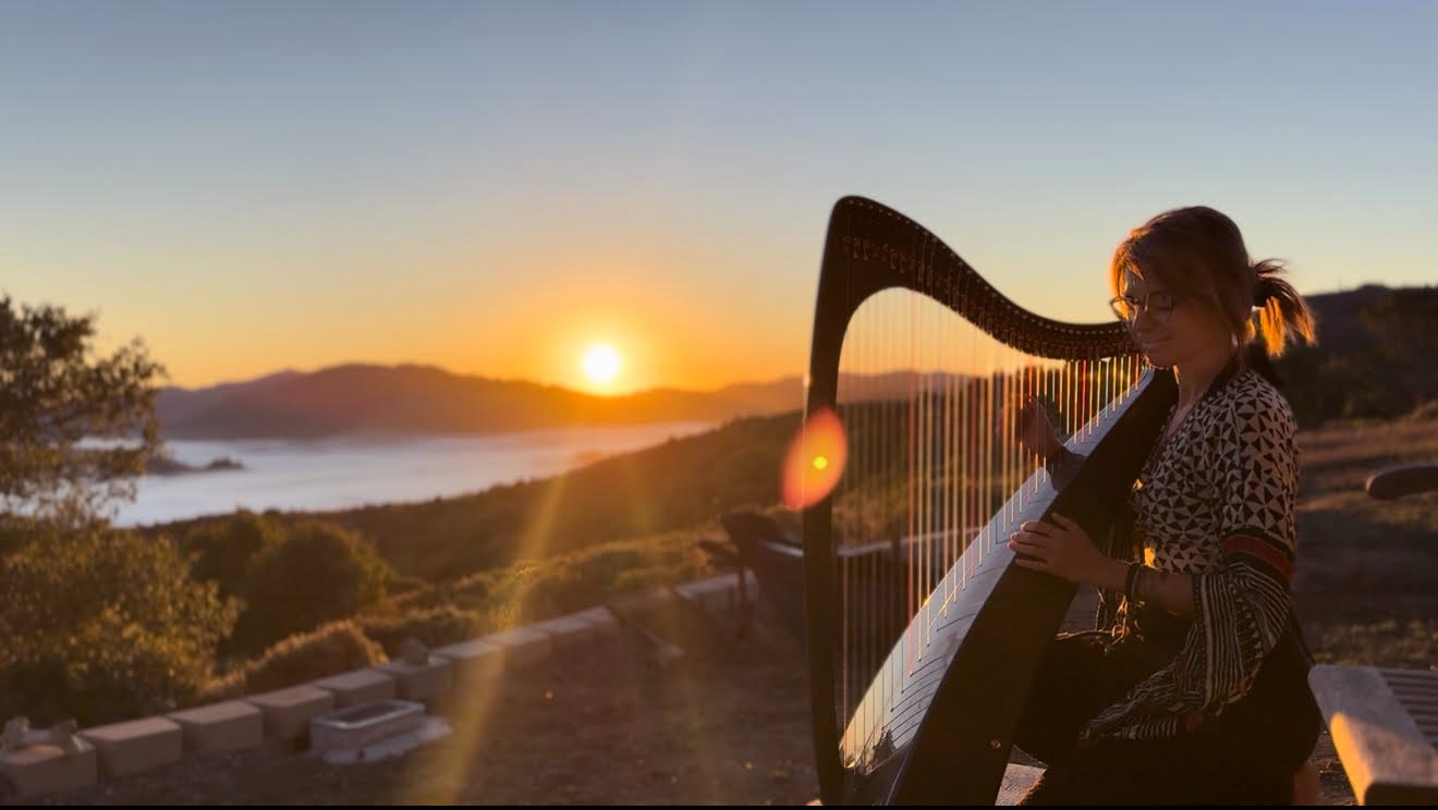 Alycen seated at her black harp overlooking mountains and water at sunset